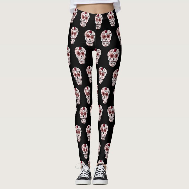 Leggings Jambes de crâne noir et rouge (Devant)