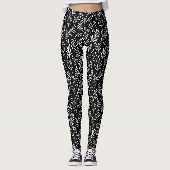 Leggings Jambes de femmes feuille blanche noire (Devant)