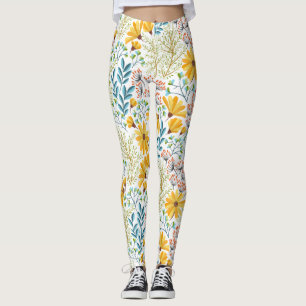 Leggings Jambes de fleurs de printemps jaunes, Turquoises e