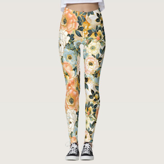 Leggings japonais floraux rose et or (Devant)