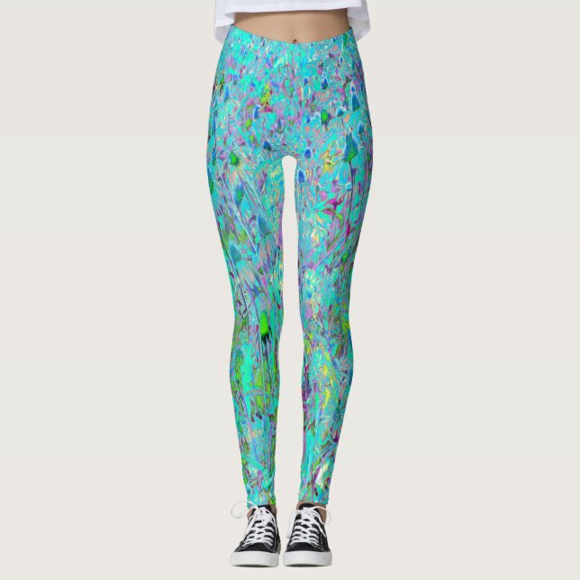 Leggings Jardin à fleurs vert et violet Abstrait Aqua (Devant)