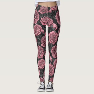 Leggings Jardin de pivoine nocturne rose et gris