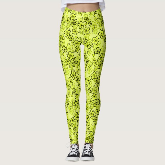 Leggings Jaune avec motif floral néon brillant noir (Devant)