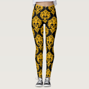 Leggings Jaune & Noir Damas Chic Moderne Élégant Motif