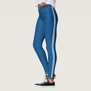 Leggings Jeans Denim Bleu, Ceinture, Poches & Rivets, Grill