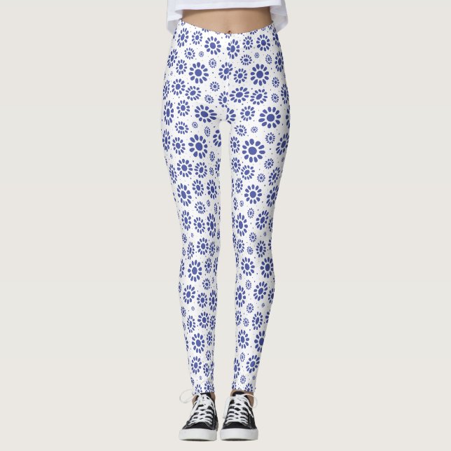 Leggings Joli bleu et blanc Abstrait Motif marguerite (Devant)