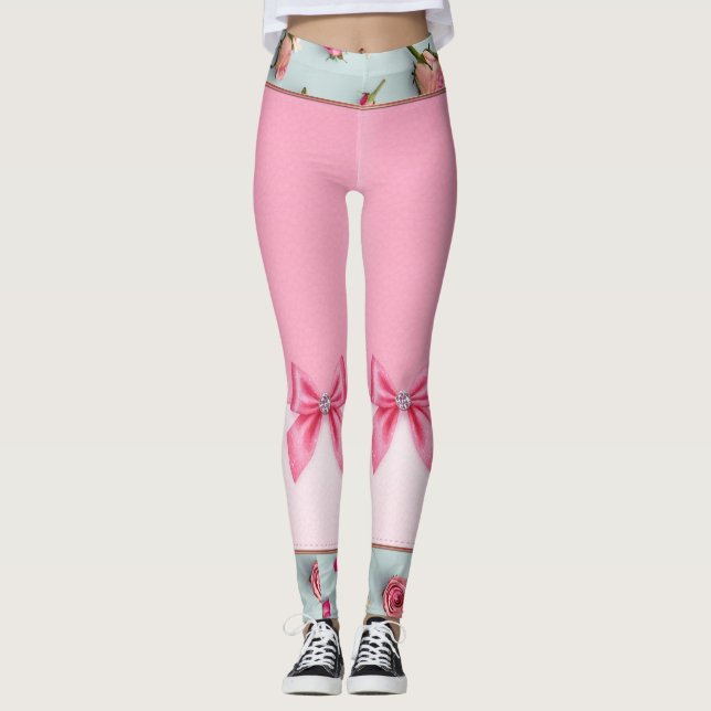 Leggings Joli dans les vaches et les fleurs roses (Devant)