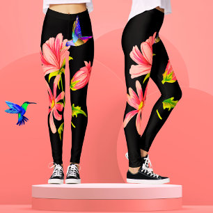 Leggings Joli Élégant Féminin Oiseau-Mouche Floral Noir Ros
