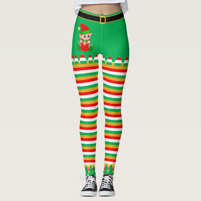 Leggings Joli Elf de Noël et cloches Jingle sur rayé (Devant)