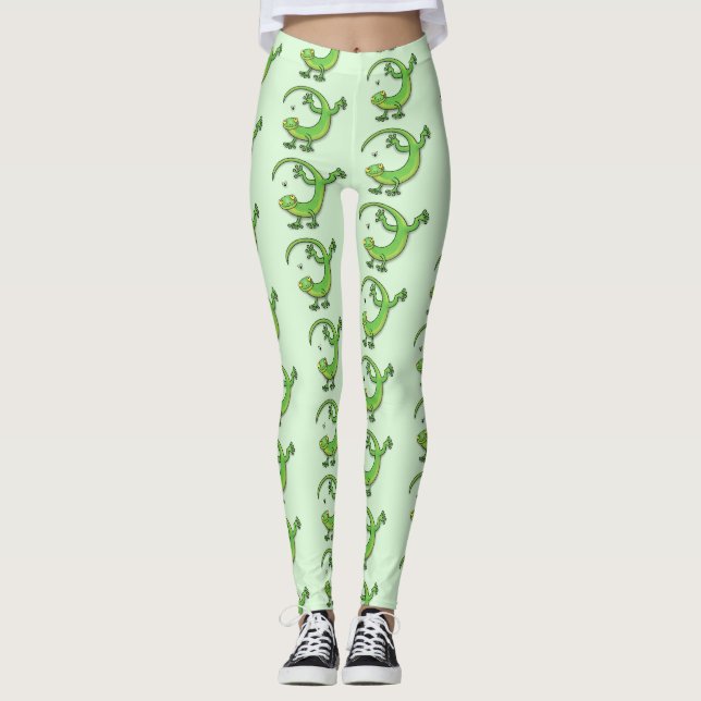 Leggings Joli gecko vert salutations avec dessin animé (Devant)