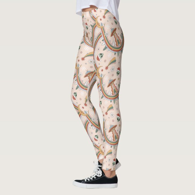 Leggings Joli sapin de Noël Alien arc-en-ciel Motif de vaca (Gauche)