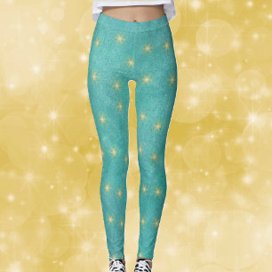 Leggings Joli sarcelle vibrant avec des étoiles dorées bril