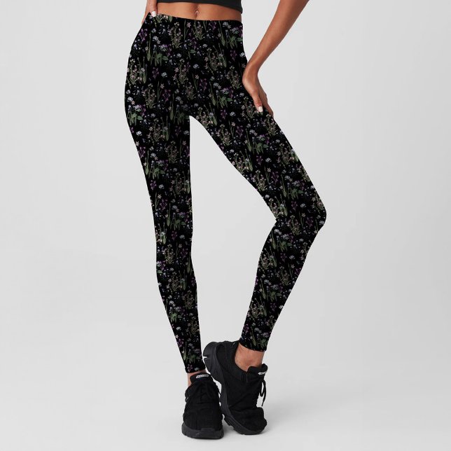 Leggings Joli Violet Noir Ditsy FLoral Pattern Girly (Pretty black violet ditsy floral pattern printed leggings for yoga, fitness, pilates & lifestyle.)