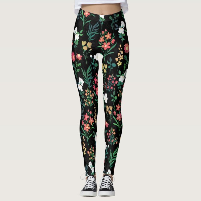 Leggings Jolie aquarelle Floral Noir Botanique (Devant)