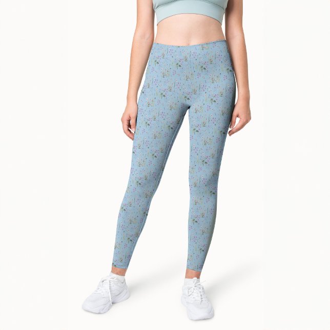 Leggings Jolie Ditsy FLoral Blue Motif aquarelle (Pretty Light Blue Ditsy FLoral Watercolor Pattern printed leggings)