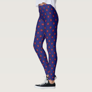 Leggings Jolie fraise rouge à pois sur fond bleu foncé
