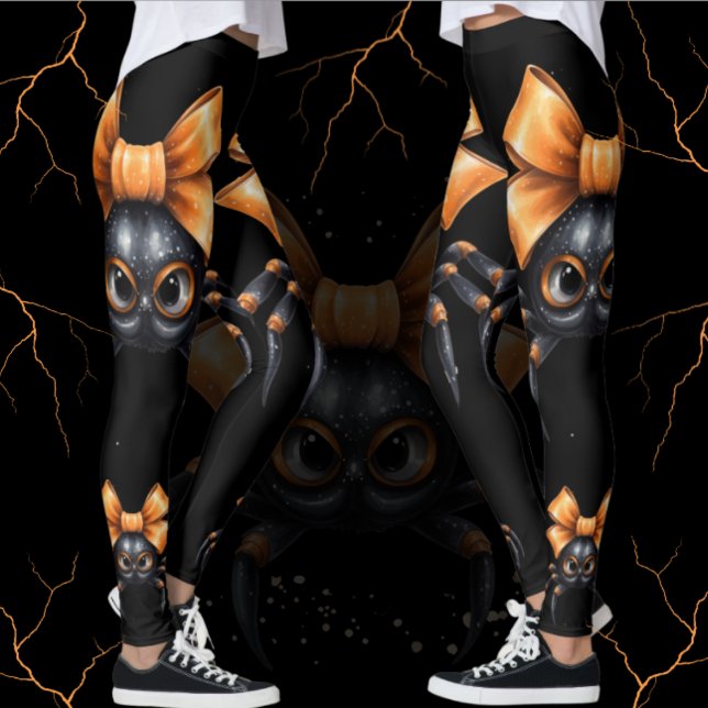 Leggings Jolie Halloween Spider noir avec Orange Bow (Cute spider with orange bow leggings for you haunted Halloween trick or treating.  Casual costumes. )