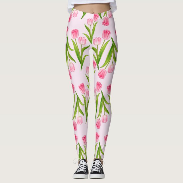 Leggings Jolie Tulipes Roses Florales Feuilles verts Fleurs (Devant)