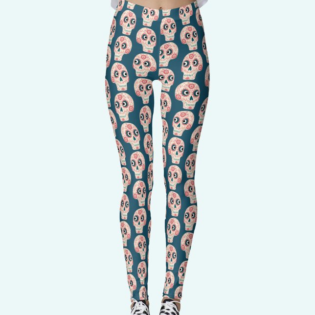 Leggings Jour du crâne de sucre du vert foncé mort (Teal green Sugar Skull Day of the Dead leggings)