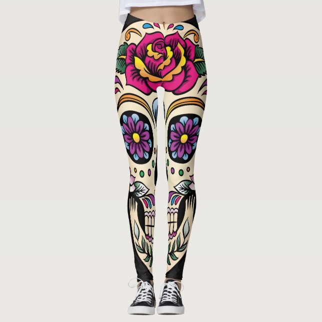 Leggings Jour du crâne de sucre mort avec Rose (Devant)
