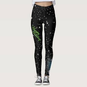 Leggings Joyeuses fêtes en texte vert avec Snowman en NOIR