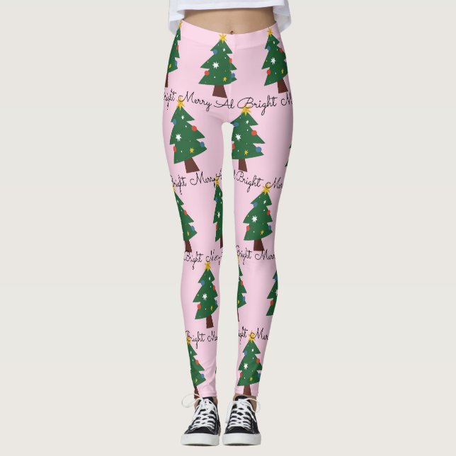 Leggings Joyeux Et Lumineux Arbres De Noël Sur Rose (Devant)