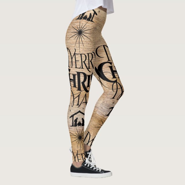 Leggings Joyeux Noël Calligraphie religieuse Bois rustique (Droite)