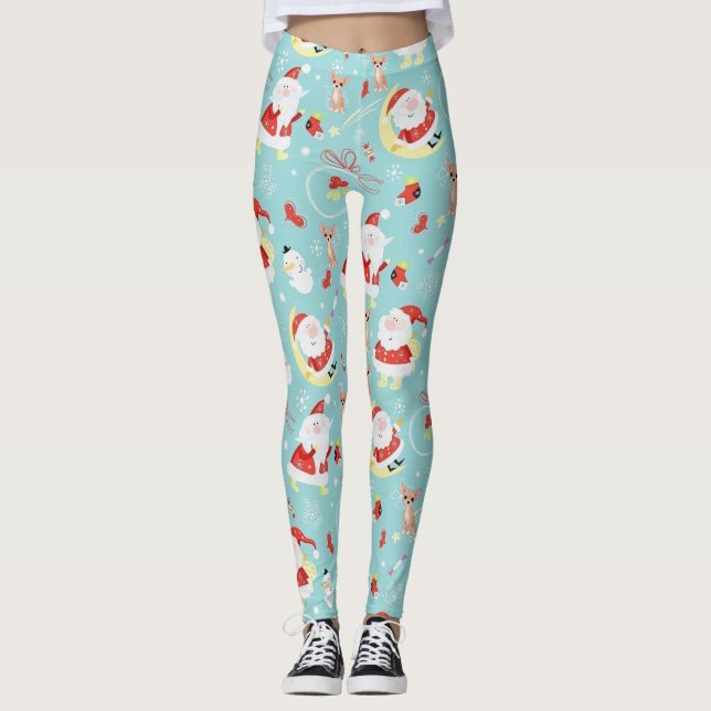 Leggings Joyeux Père Noël Et Frosty Et Chihuahua (Devant)