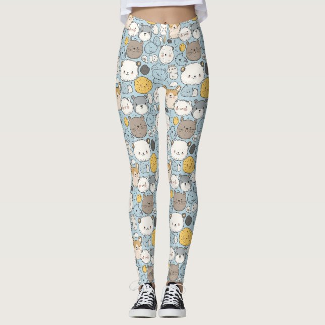 Leggings Kawaii Frenzy : Doodle Whimsical des animaux migno (Devant)