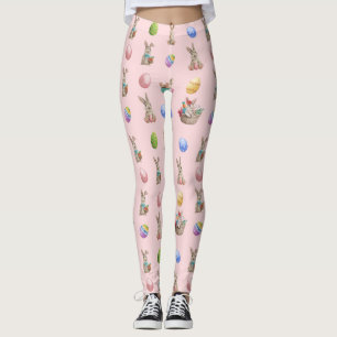 Leggings Lapins de Pâques et Oeufs colorés sur rose