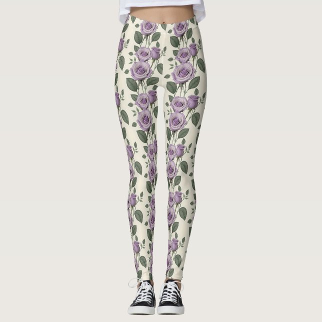 Leggings Lavender Roses With Silver And Green Leaves  (Devant)