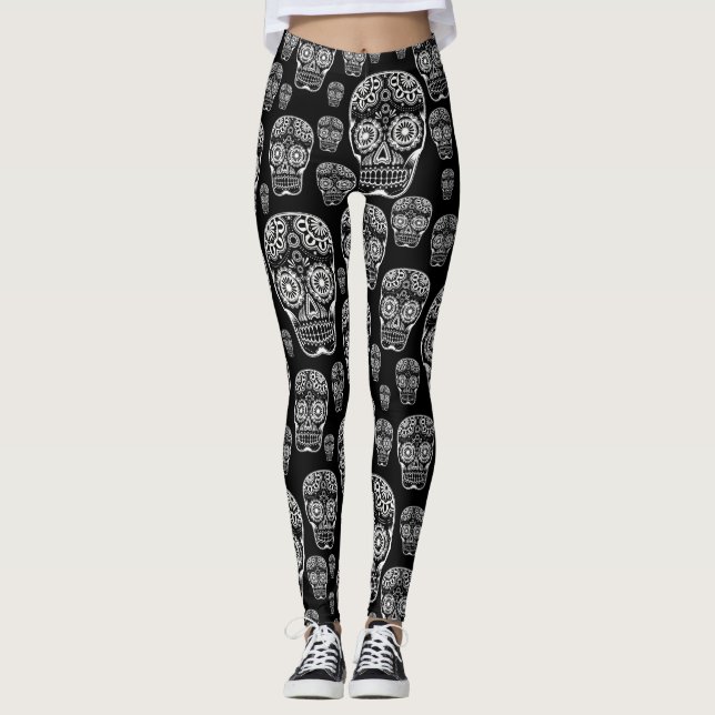 Leggings Légendes de crâne de sucre noir et blanc (Devant)