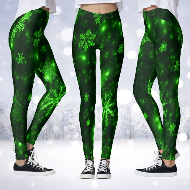Leggings Légendes de Flammes de neige profondes et brillant (Deep Green & Bright Snowflakes Leggings)