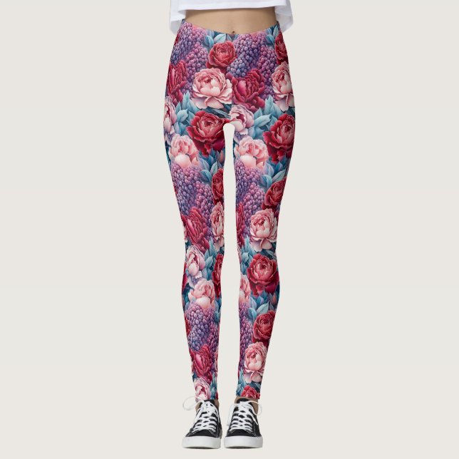 Leggings Légendes de fleurs roses et violettes (Devant)