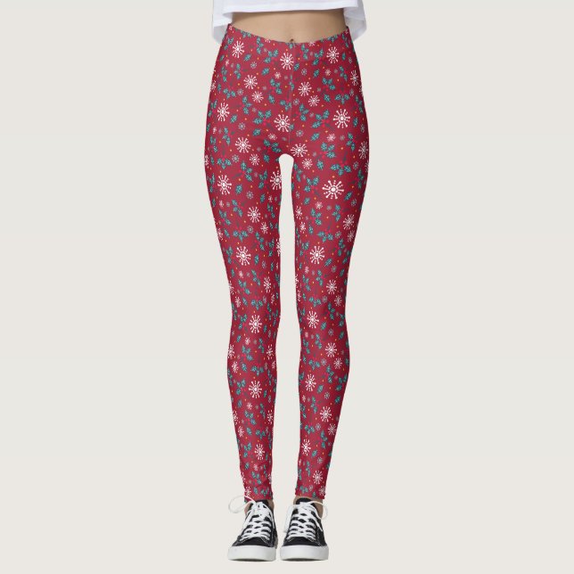 Leggings Leggages de Noël de flocon de neige, rouge (Devant)