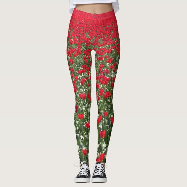 Leggings Legs de champ de tulipes rouges brillantes (Devant)