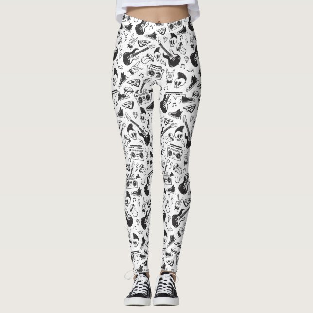 Leggings Légumineuses à thème Rock & Roll - noir et blanc (Devant)