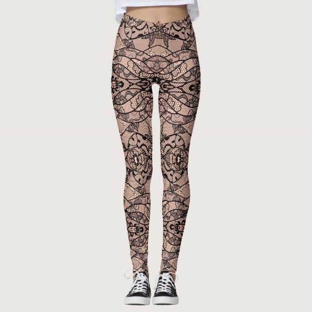 Leggings Légumineuses de dentelle noire Faux avec fleurs (Devant)