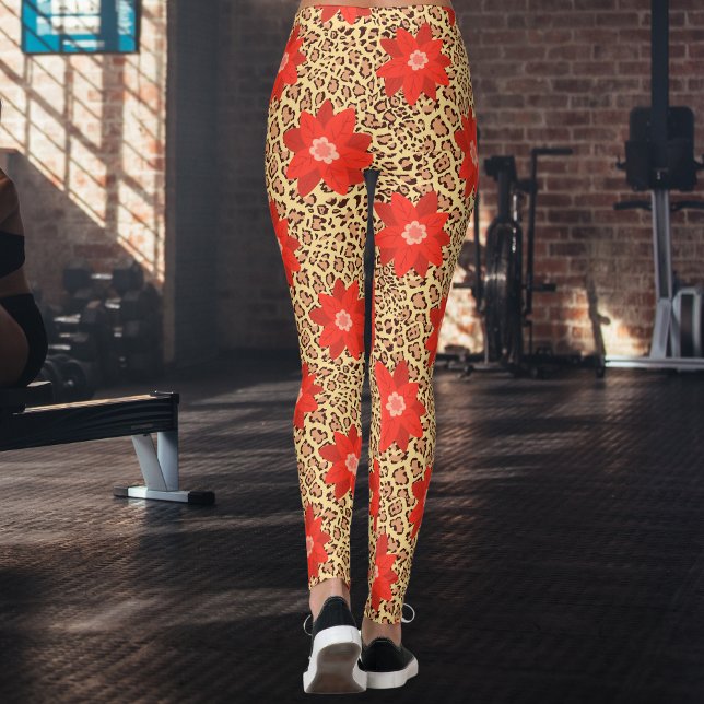 Leggings Leopard exotique de luxe avec fleur rouge Imprimer (Créateur téléchargé)