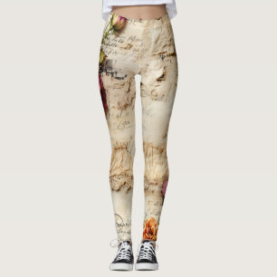 Leggings Lettre vintage d'amour parchemin avec fleurs (8)