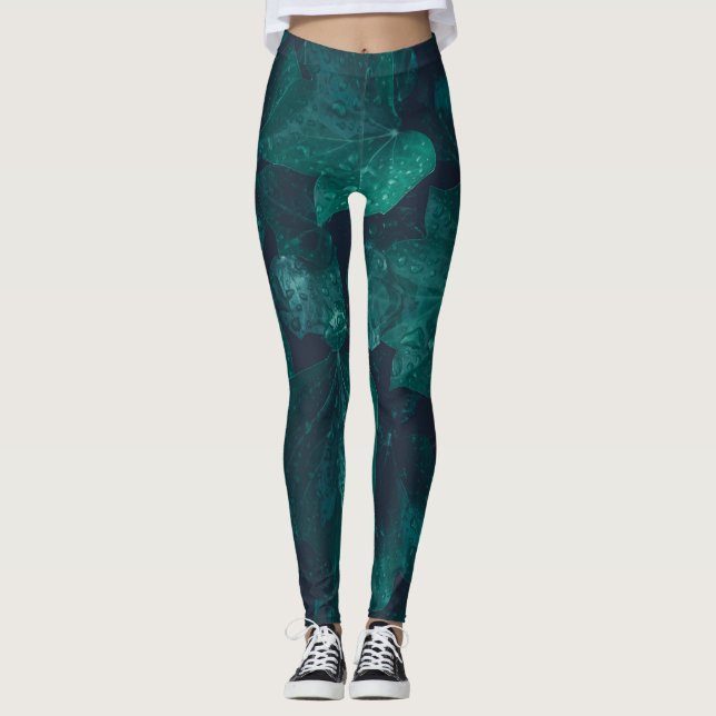 Leggings Lierre vert émeraude foncé gouttes d'eau feuille (Devant)