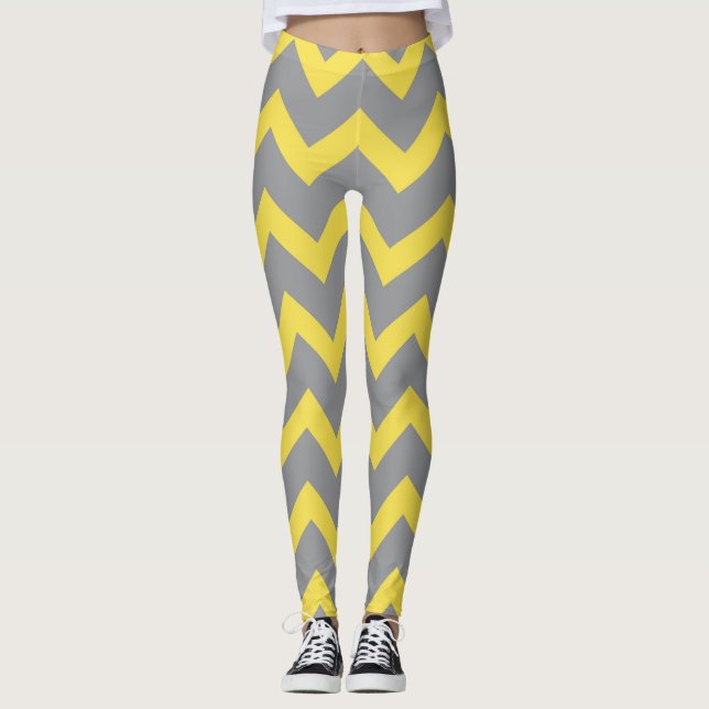 Leggings Lignes de motif gris-jaune Chevron rayées (Devant)