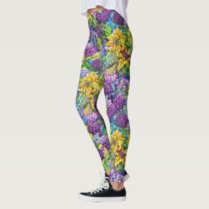 Leggings Lilac Jaune Bleu Vert Jardin Fleurs Motif