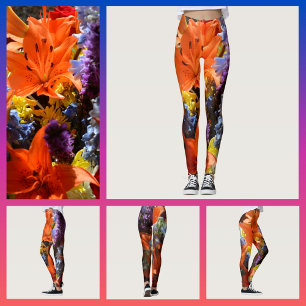Leggings Lilies Orange Colorés Floraux Abstraits