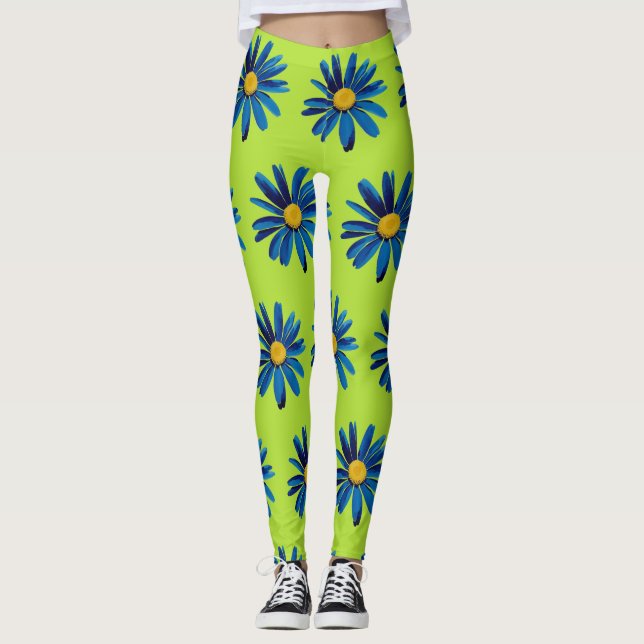 Leggings Lime Green & Blue Daisies Pop Art (Devant)