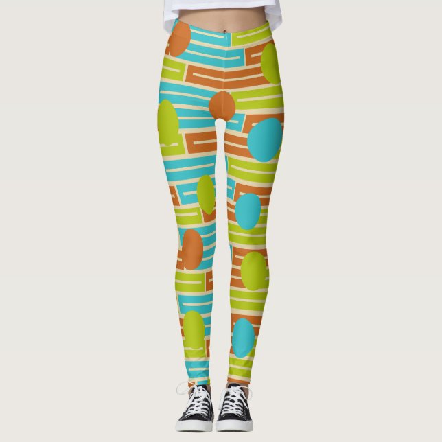 Leggings Lime Green, Cinnamon Brown, Rectangles Turquoise (Devant)