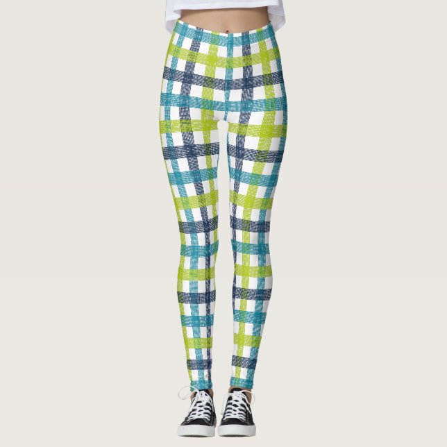 Leggings Lime Green, Navy et bleu turquoise Plaid (Devant)