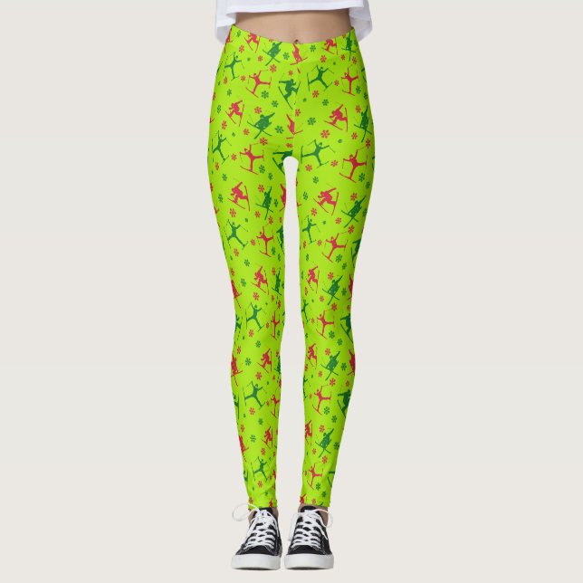 Leggings Lime Green Ski Tricks Motif Noël (Devant)