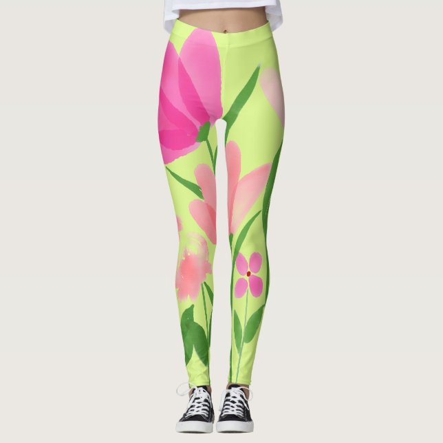 Leggings Lime vert - Légumineuses florales roses (Devant)