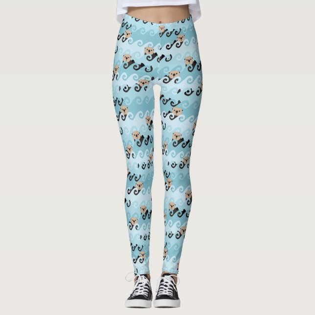 Leggings Loutres de mer mignonnes montant les vagues (Devant)